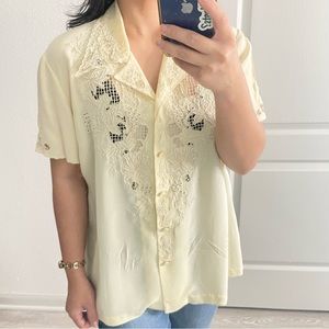 Peony 100%Silk Ivory Short Sleeve Vintage Hand Embroidered